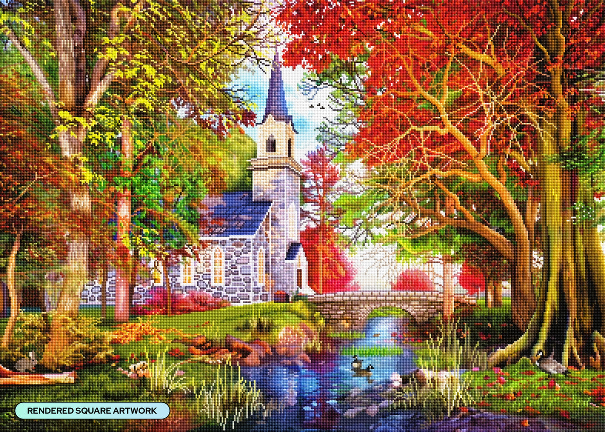Diamond Painting Autumn Chapel 38.6" x 27.6" (97.8cm x 69.9cm) / Square with 92 Colors including 3 ABs and 4 Fairy Dust Diamonds / 110,433