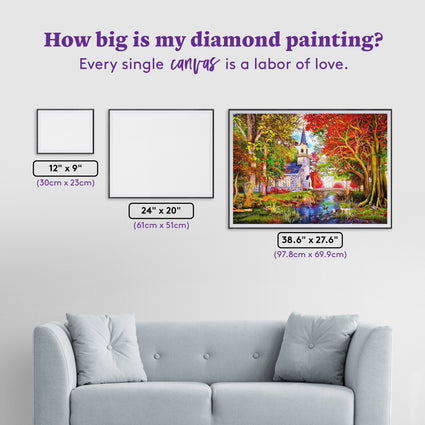 Diamond Painting Autumn Chapel 38.6" x 27.6" (97.8cm x 69.9cm) / Square with 92 Colors including 3 ABs and 4 Fairy Dust Diamonds / 110,433