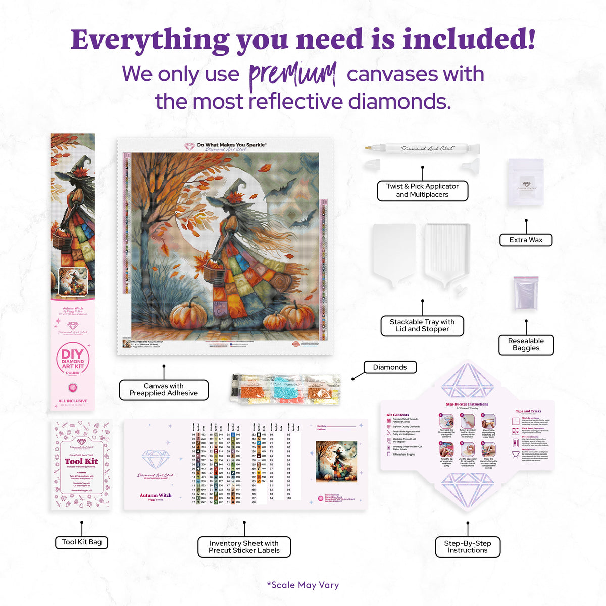 Diamond Painting Autumn Witch 22" x 22" (55.6cm x 55.6cm) / Round with 63 Colors including 2 ABs and 2 Fairy Dust Diamonds / 40,804