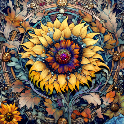 Diamond Painting Autumnal Sunflower 22" x 22" (55.6cm x 55.6cm) / Round With 77 Colors Including 3 ABs and 3 Fairy Dust Diamonds / 40,804