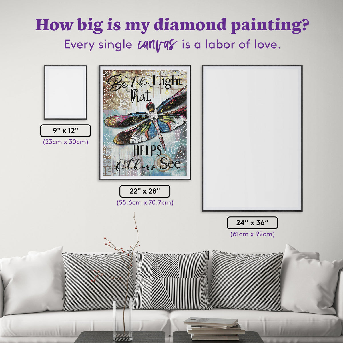Diamond Painting Be the Light Dragonfly 22" x 28" (55.6cm x 70.7cm) / Round with 73 colors including 2 ABs and 2 iridescent Diamonds and 5 Fairy Dust Diamonds / 51,914