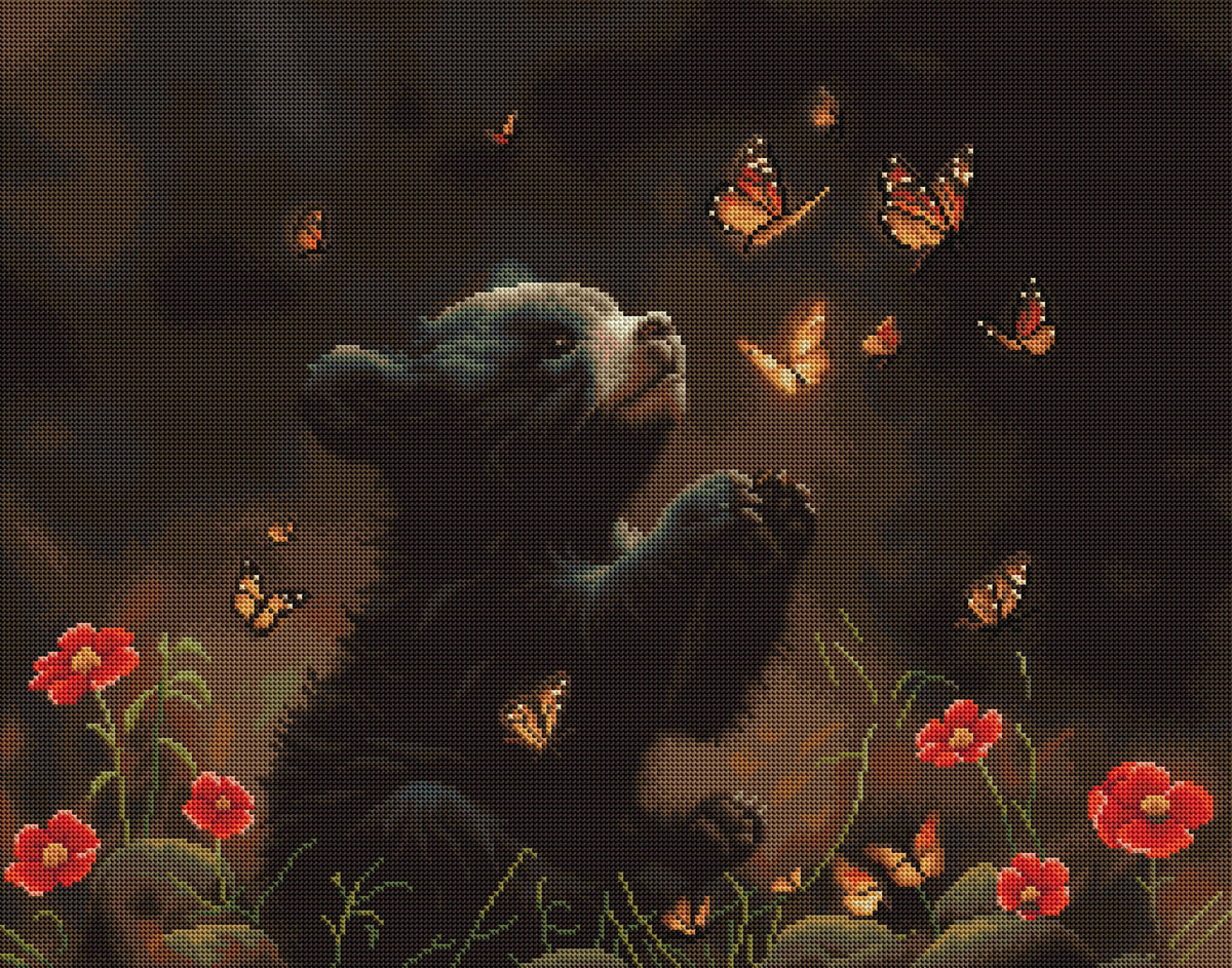 Diamond Painting Bear Meets Butterflies 28" x 22" (70.7cm x 55.6cm) / Round with 40 Colors including 1 AB and 3 Fairy Dust Diamonds / 51,914