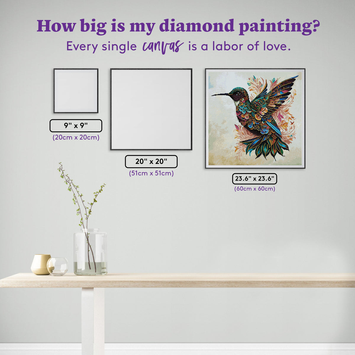 Diamond Painting Beautiful Hummingbird 23.6" x 23.6" (60cm x 60cm) / Square with 50 Colors including 2 ABs and 2 Fairy Dust Diamonds / 58,081