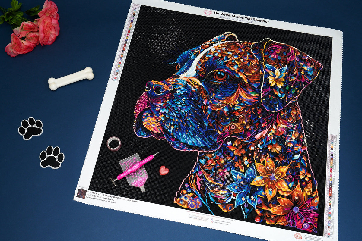 Diamond Painting Bentley the Stained Glass Boxer 25.6" x 25.6" (65cm x 65cm) / Square with 45 Colors including 4 ABs and 2 Fairy Dust Diamonds / 68,121