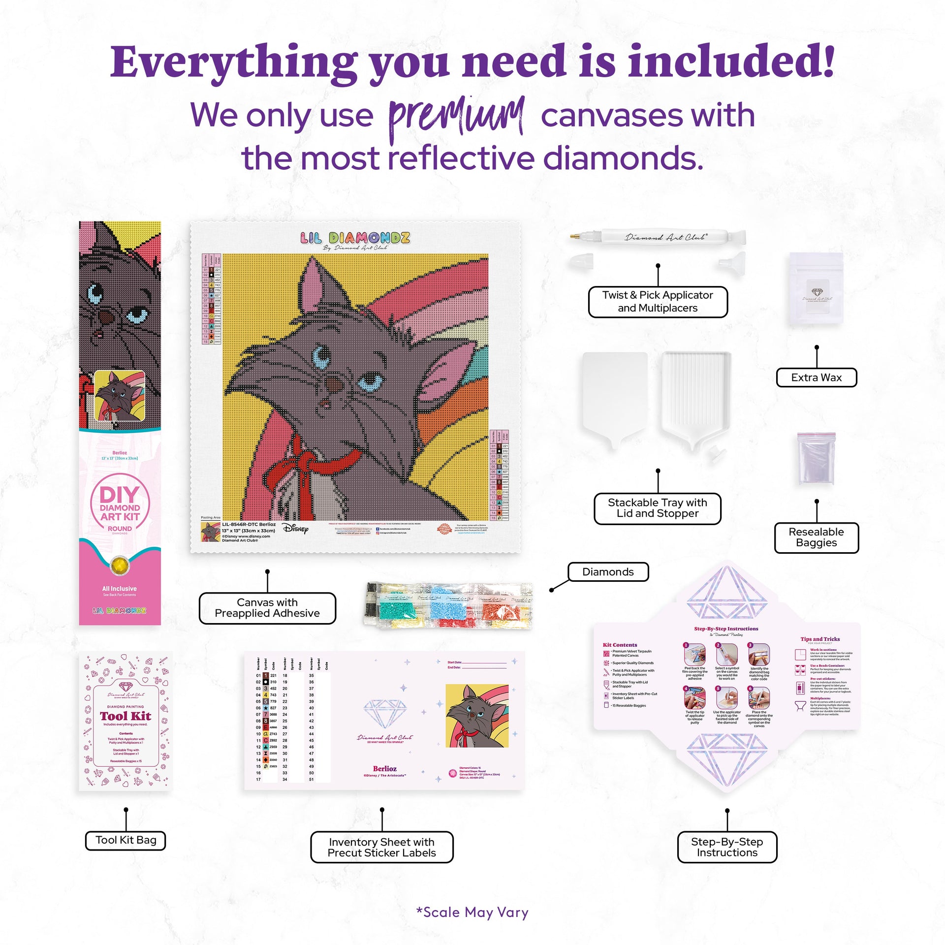 Diamond Painting Berlioz 13" x 13" (33cm x 33cm) / Round with 15 Colors including 1 AB and 6 Fairy Dust Diamonds / 14,400