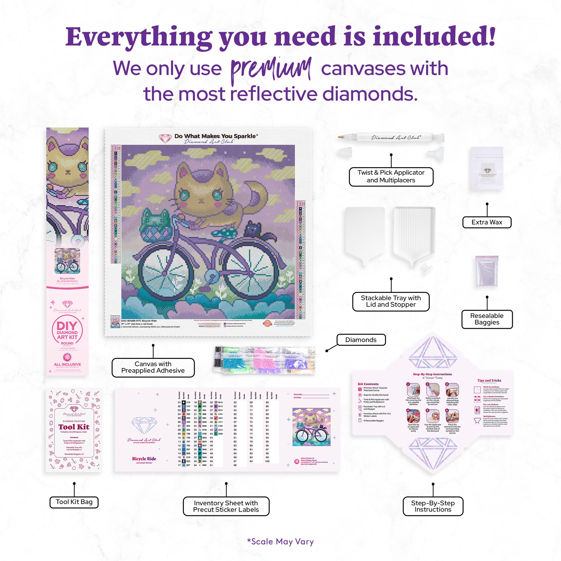 Diamond Painting Bicycle Ride 17" x 17" (42.7cm x 42.7cm) / Round with 43 Colors including 2 ABs and 3 Fairy Dust Diamonds / 24,025