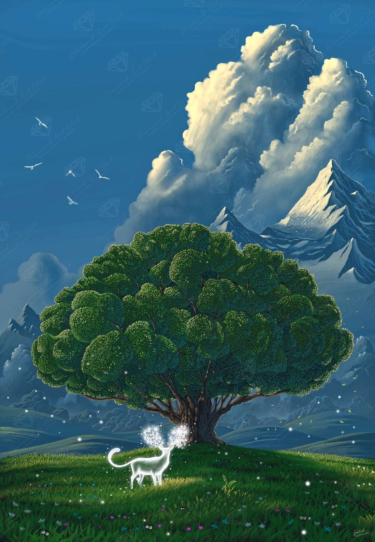 Diamond Painting Big Tree with Deer 20" x 29" (50.8cm x 73.5cm) / Square with 35 Colors including 3 ABs and 1 Fairy Dust Diamonds / 60,180