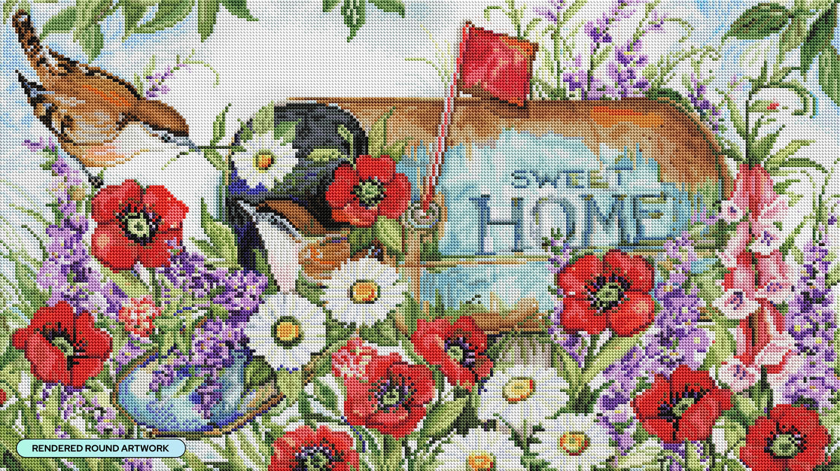 Diamond Painting Birds in the Mailbox 30" x 17" (75.9cm x 42.7cm) / Round with 67 Colors including 5 ABs and 2 Fairy Dust Diamonds / 42,780