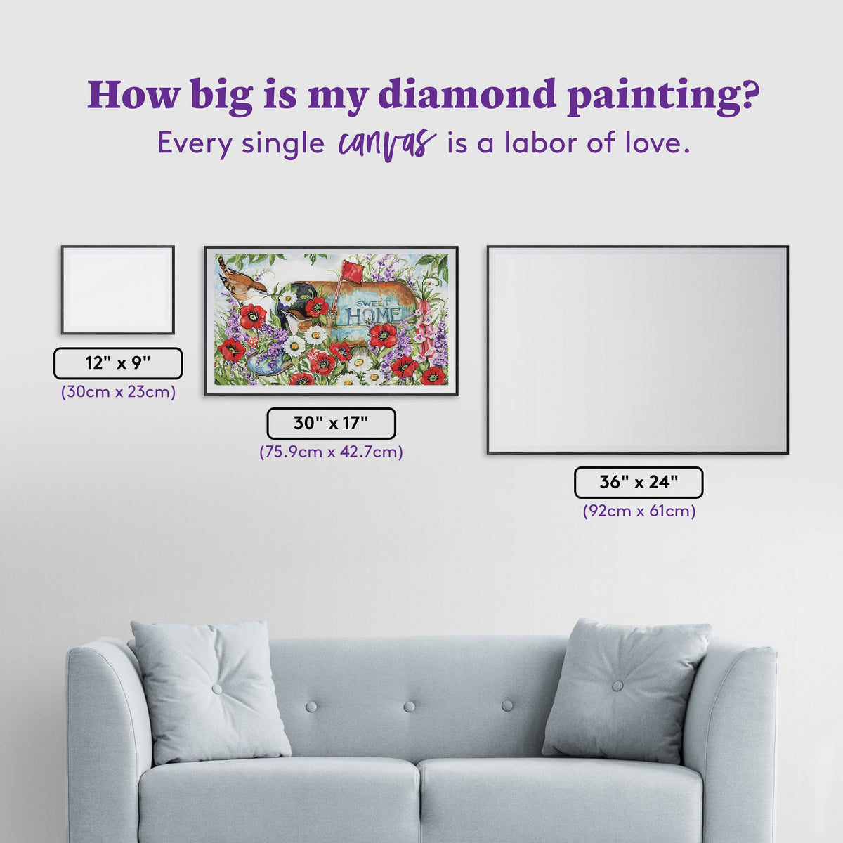 Diamond Painting Birds in the Mailbox 30" x 17" (75.9cm x 42.7cm) / Round with 67 Colors including 5 ABs and 2 Fairy Dust Diamonds / 42,780