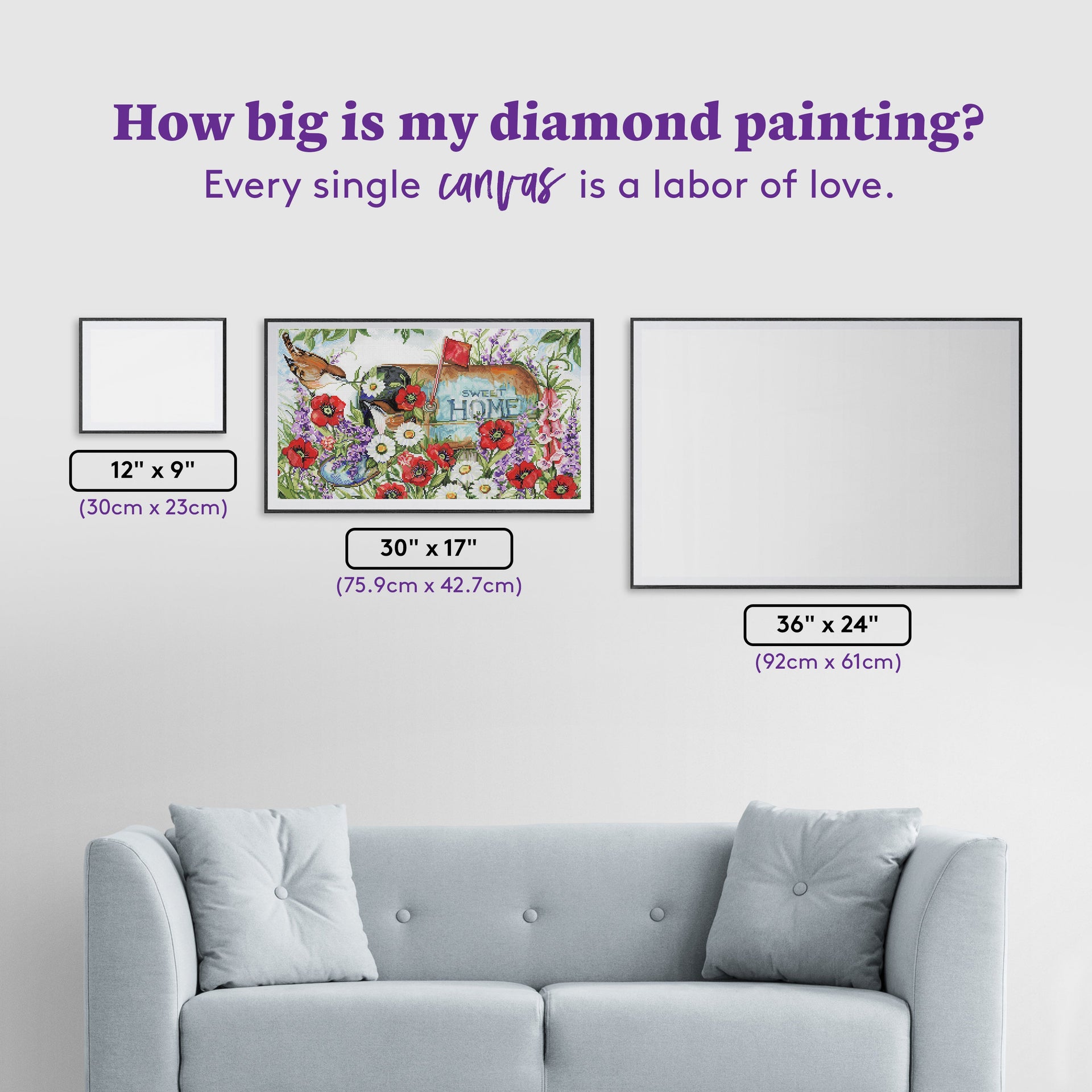 Diamond Painting Birds in the Mailbox 30" x 17" (75.9cm x 42.7cm) / Round with 67 Colors including 5 ABs and 2 Fairy Dust Diamonds / 42,780