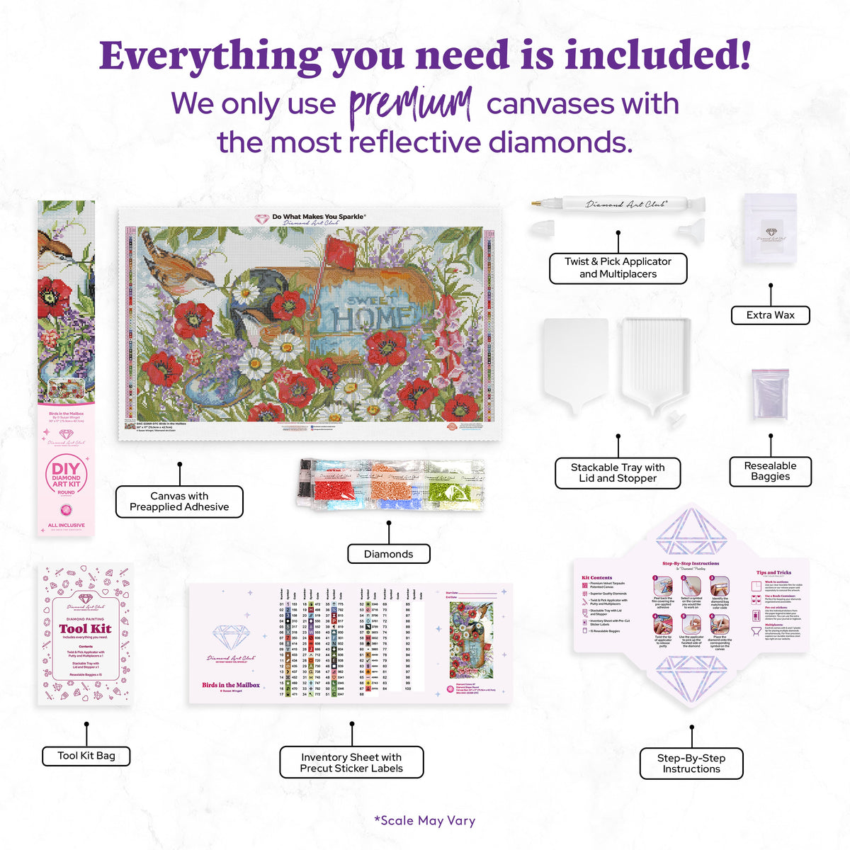 Diamond Painting Birds in the Mailbox 30" x 17" (75.9cm x 42.7cm) / Round with 67 Colors including 5 ABs and 2 Fairy Dust Diamonds / 42,780