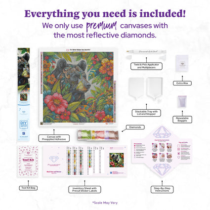 Diamond Painting Black Bear and Flowers 27.6" x 27.6" (69.9cm x 69.9cm) / Square with 63 Colors including 3 ABs and 2 Fairy Dust Diamonds / 78,961