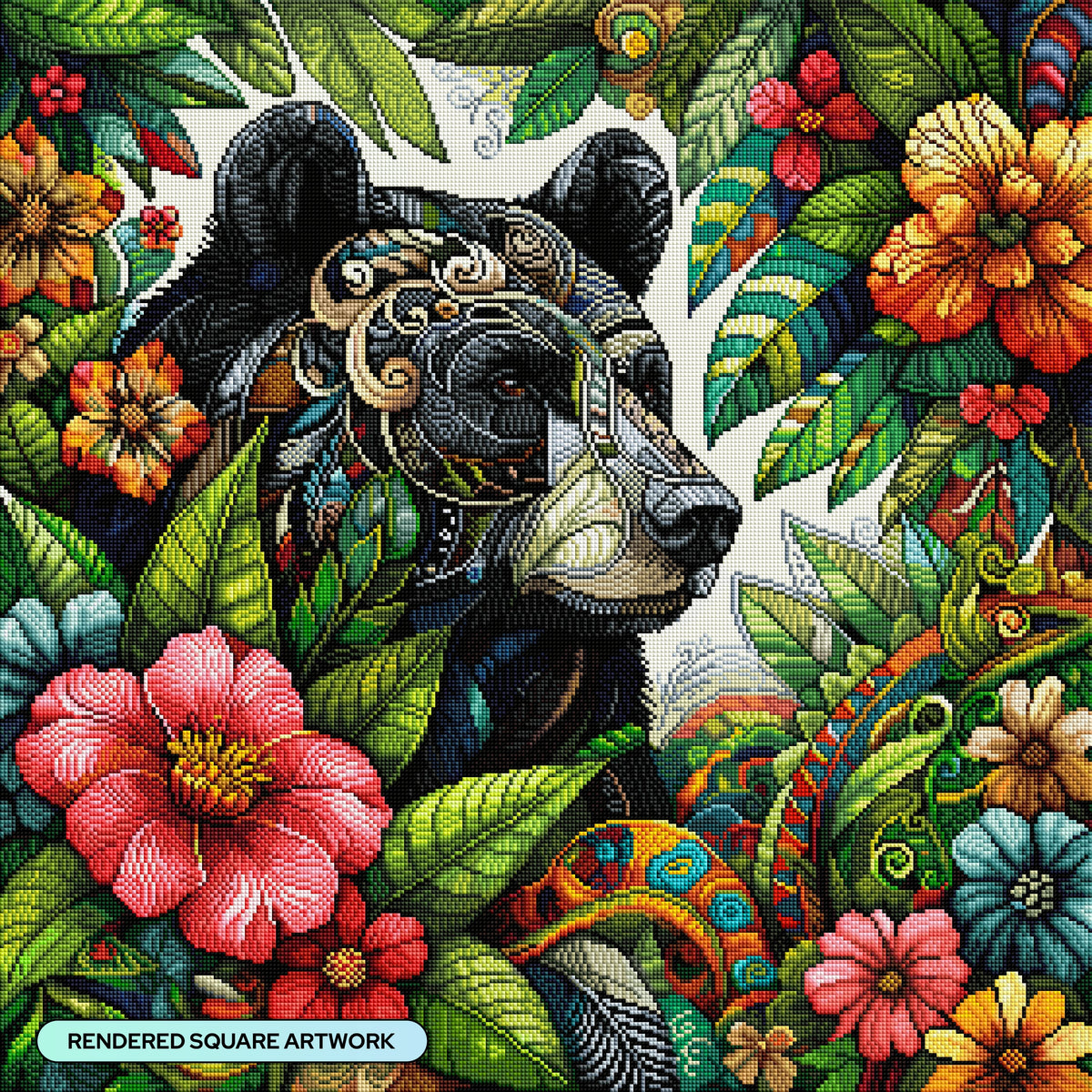Diamond Painting Black Bear and Flowers 27.6" x 27.6" (69.9cm x 69.9cm) / Square with 63 Colors including 3 ABs and 2 Fairy Dust Diamonds / 78,961