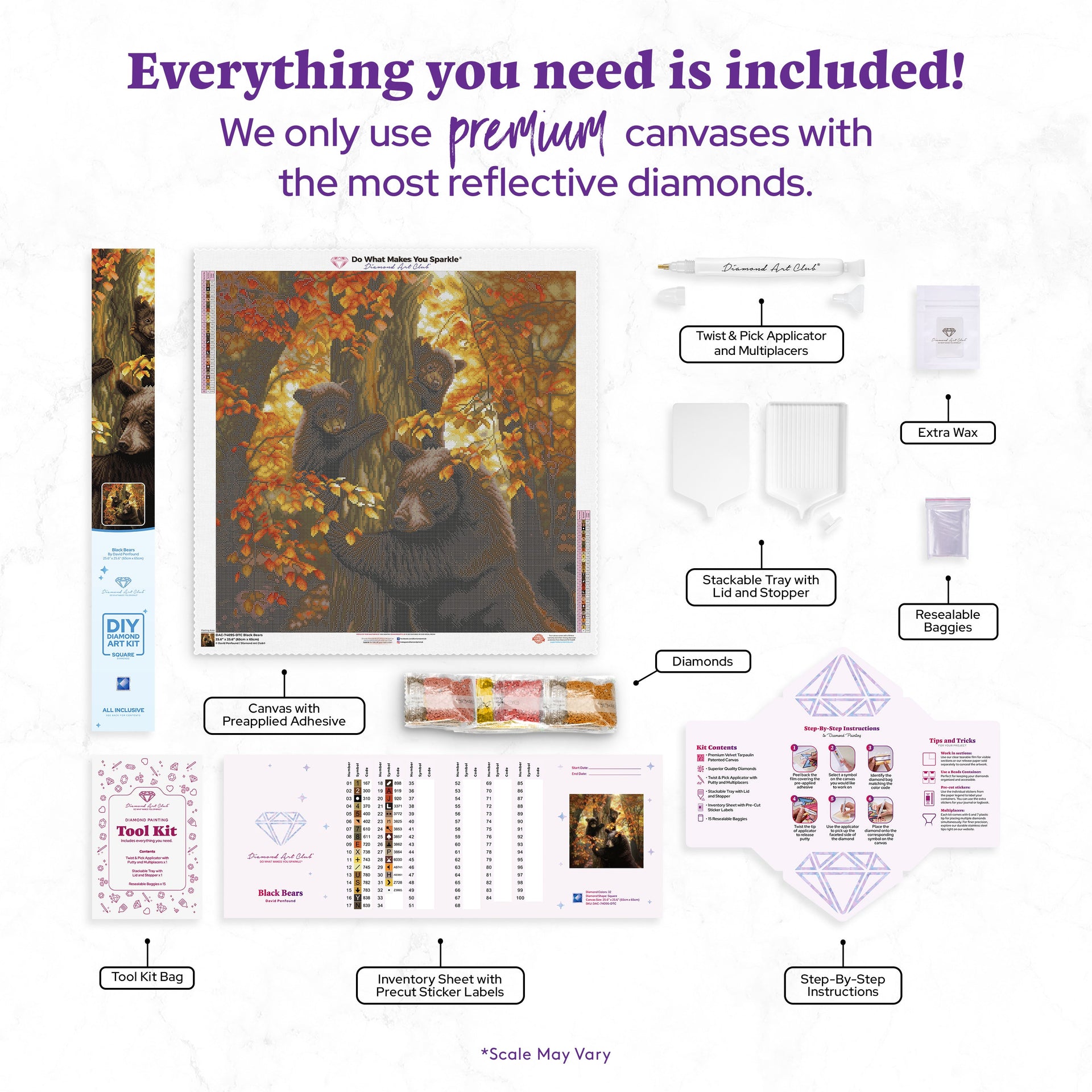 Diamond Painting Black Bears 25.6" x 25.6" (65cm x 65cm) / Square with 32 Colors including 2 ABs and 2 Fairy Dust Diamonds / 68,121