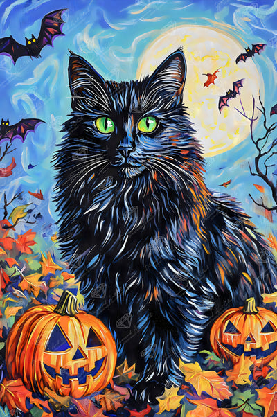 Diamond Painting Black Cat with Pumpkins 22" x 33" (55.6cm x 83.7cm) / Round with 88 Colors including 2 ABs and 4 Fairy Dust Diamonds / 61,408