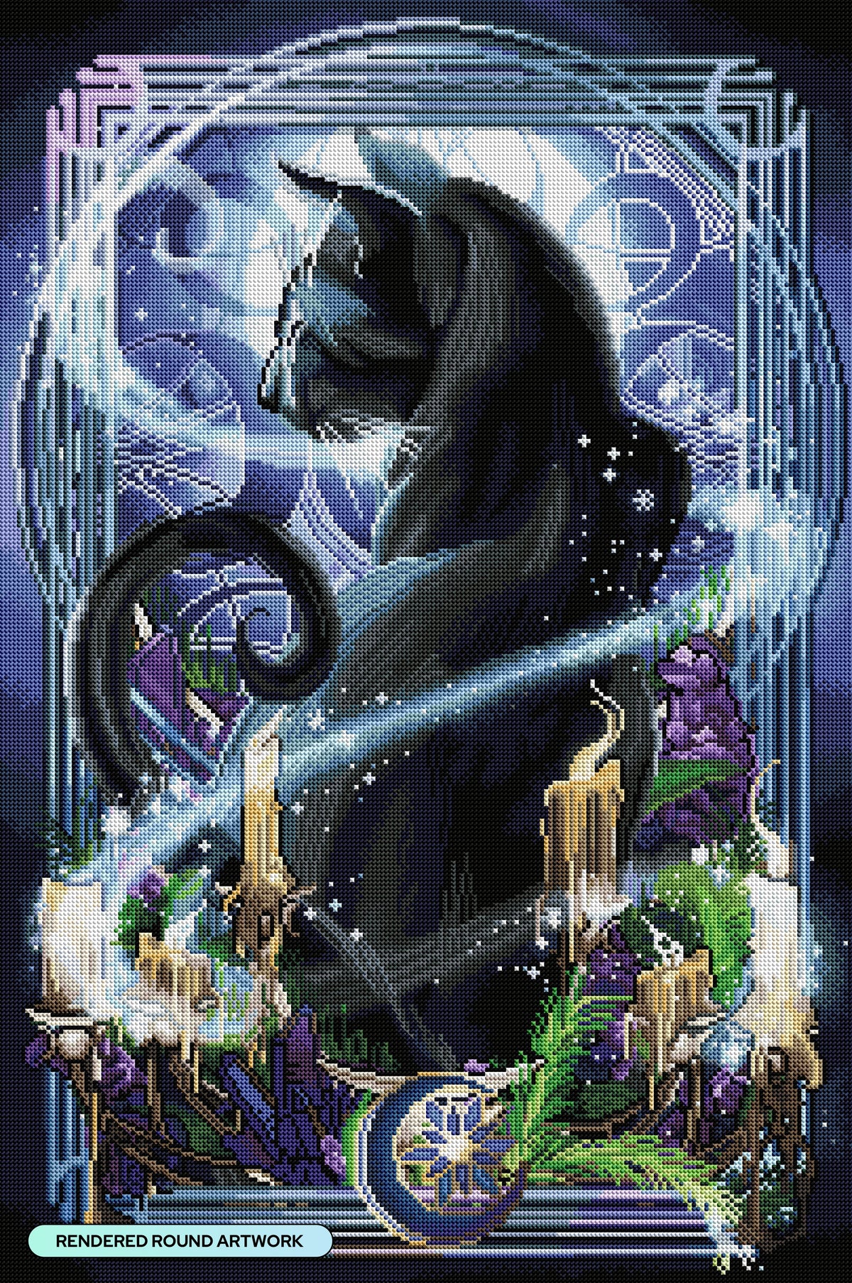 Diamond Painting Black Lavender Cat 22" x 33" (55.6cm x 83.7cm) / Round With 56 Colors Including 2 ABs and 4 Fairy Dust Diamonds / 61,408