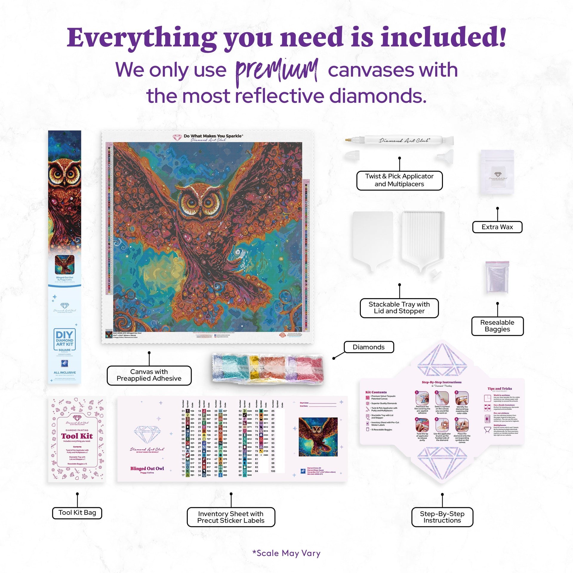 Diamond Painting Blinged Out Owl 25.6" x 25.6" (65cm x 65cm) / Square with 80 Colors including 3 ABs and 3 Fairy Dust Diamonds / 68,121