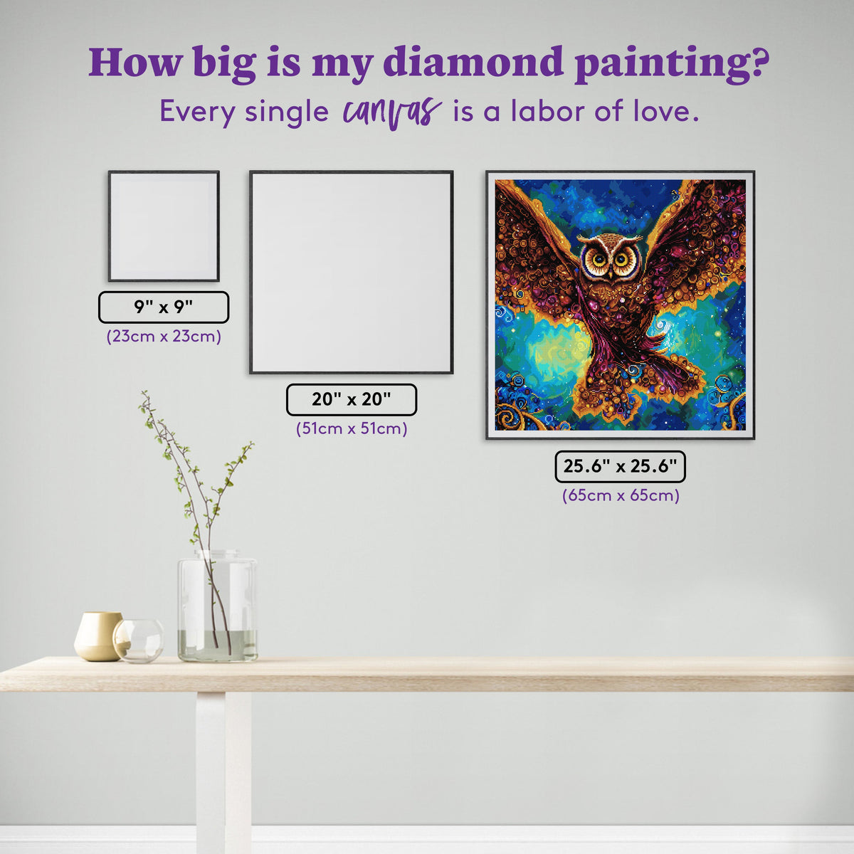 Diamond Painting Blinged Out Owl 25.6" x 25.6" (65cm x 65cm) / Square with 80 Colors including 3 ABs and 3 Fairy Dust Diamonds / 68,121