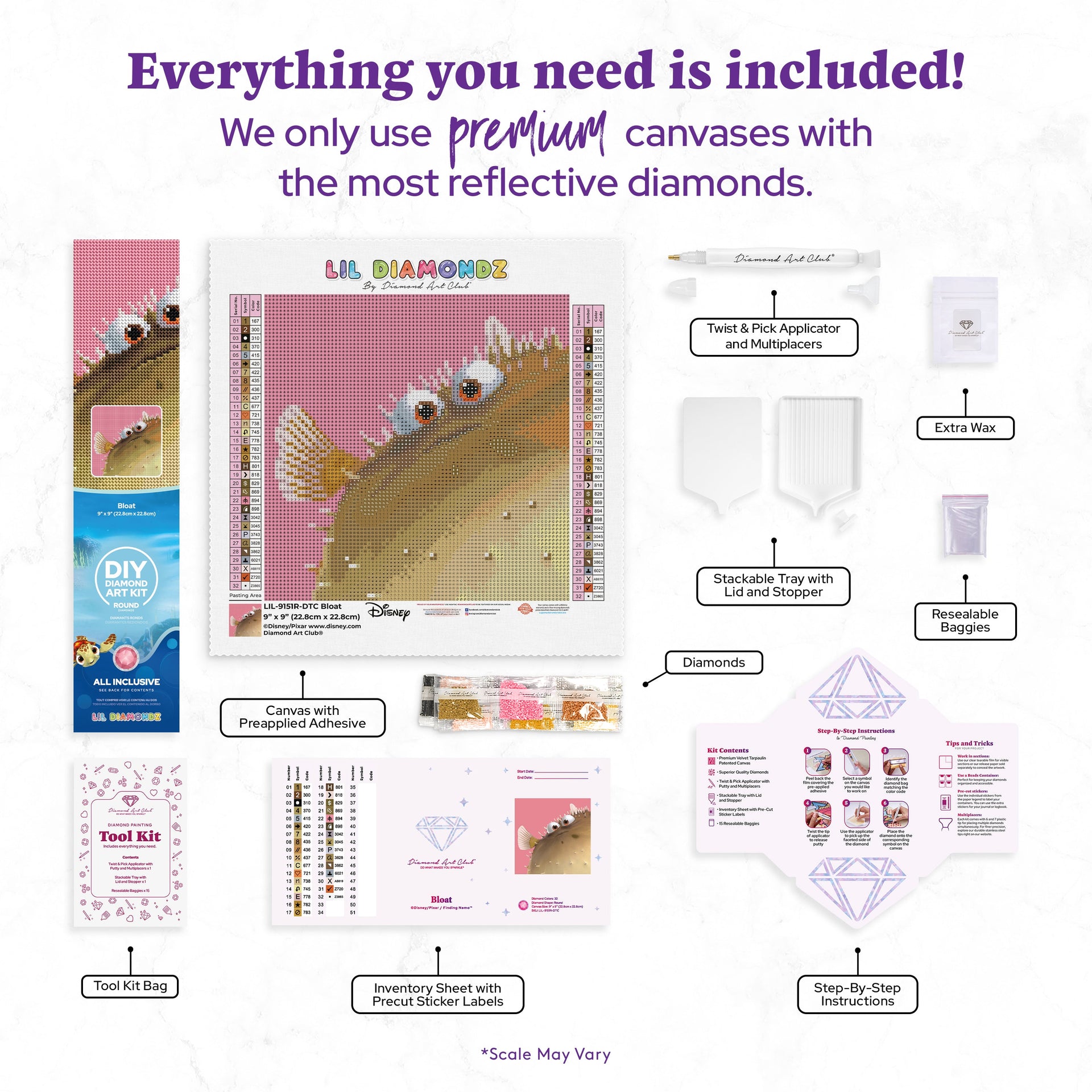 Diamond Painting Bloat 9" x 9" (22.8cm x 22.8cm) / Round with 32 Colors including 1 AB and 2 Fairy Dust Diamonds / 6,889