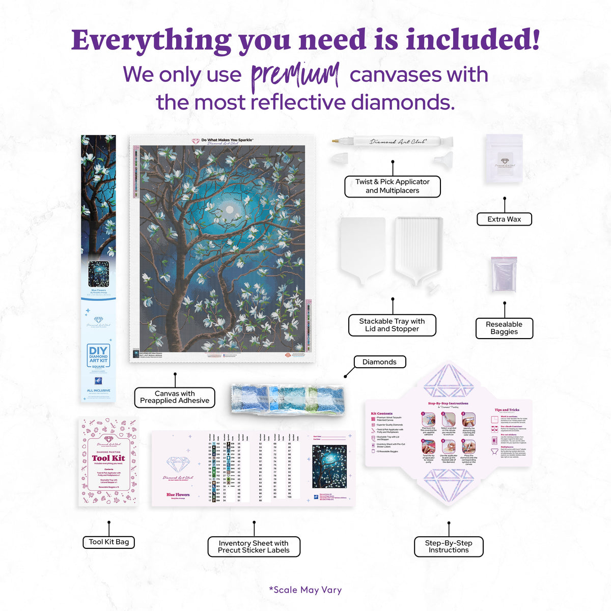 Diamond Painting Blue Flowers 25.6" x 31.9" (65cm x 80.9cm) / Square With 30 Colors Including 1 AB and 3 Fairy Dust Diamonds / 84,825