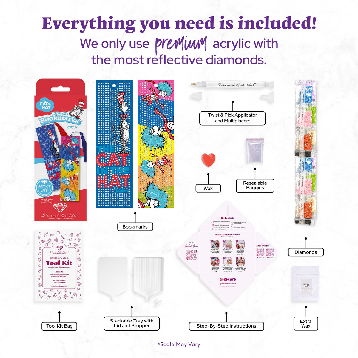 Diamond Painting Bookmarks – The Cat in the Hat™ (Set of 2) 2" x 7" (5cm x 17.8cm) / Round with 10 Colors including 1 AB and 2 Iridescent Diamonds and 5 Fairy Dust Diamonds / 1,460