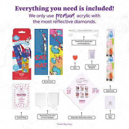 Diamond Painting Bookmarks – The Cat in the Hat™ (Set of 2) 2" x 7" (5cm x 17.8cm) / Round with 10 Colors including 1 AB and 2 Iridescent Diamonds and 5 Fairy Dust Diamonds / 1,460