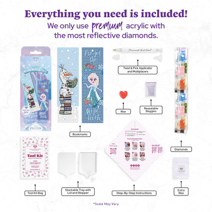 Diamond Painting Bookmarks – Winter Magic with Elsa & Olaf (Set of 2) 2" x 7" (5cm x 17.8cm) / Round with 14 Colors including 2 ABs and 2 Iridescent Diamonds and 6 Fairy Dust Diamonds / 1,000