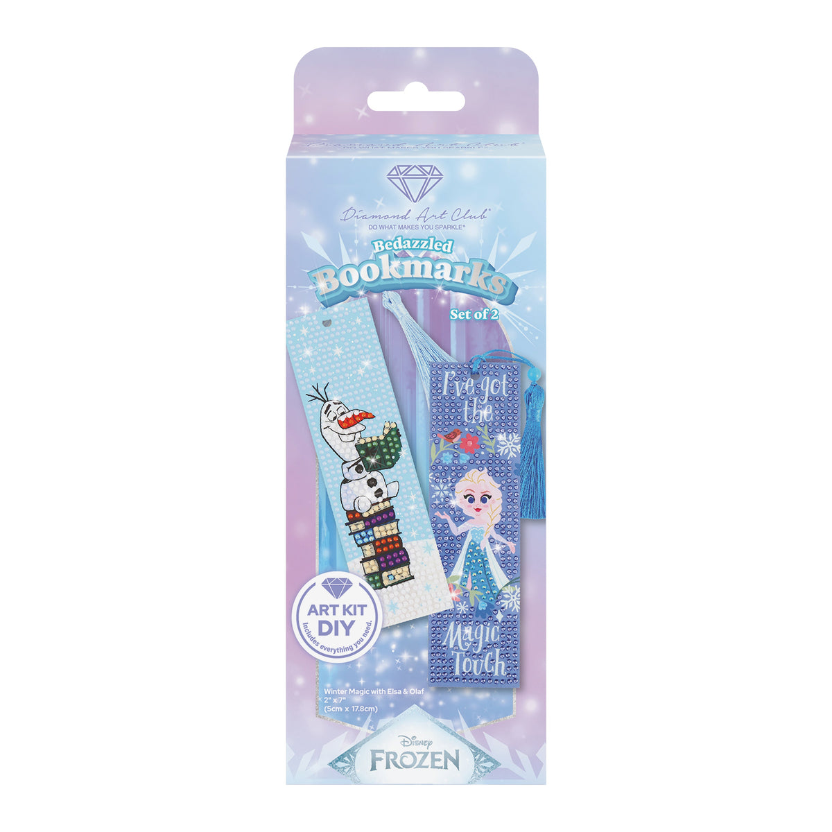 Diamond Painting Bookmarks – Winter Magic with Elsa & Olaf (Set of 2) 2" x 7" (5cm x 17.8cm) / Round with 14 Colors including 2 ABs and 2 Iridescent Diamonds and 6 Fairy Dust Diamonds / 1,000