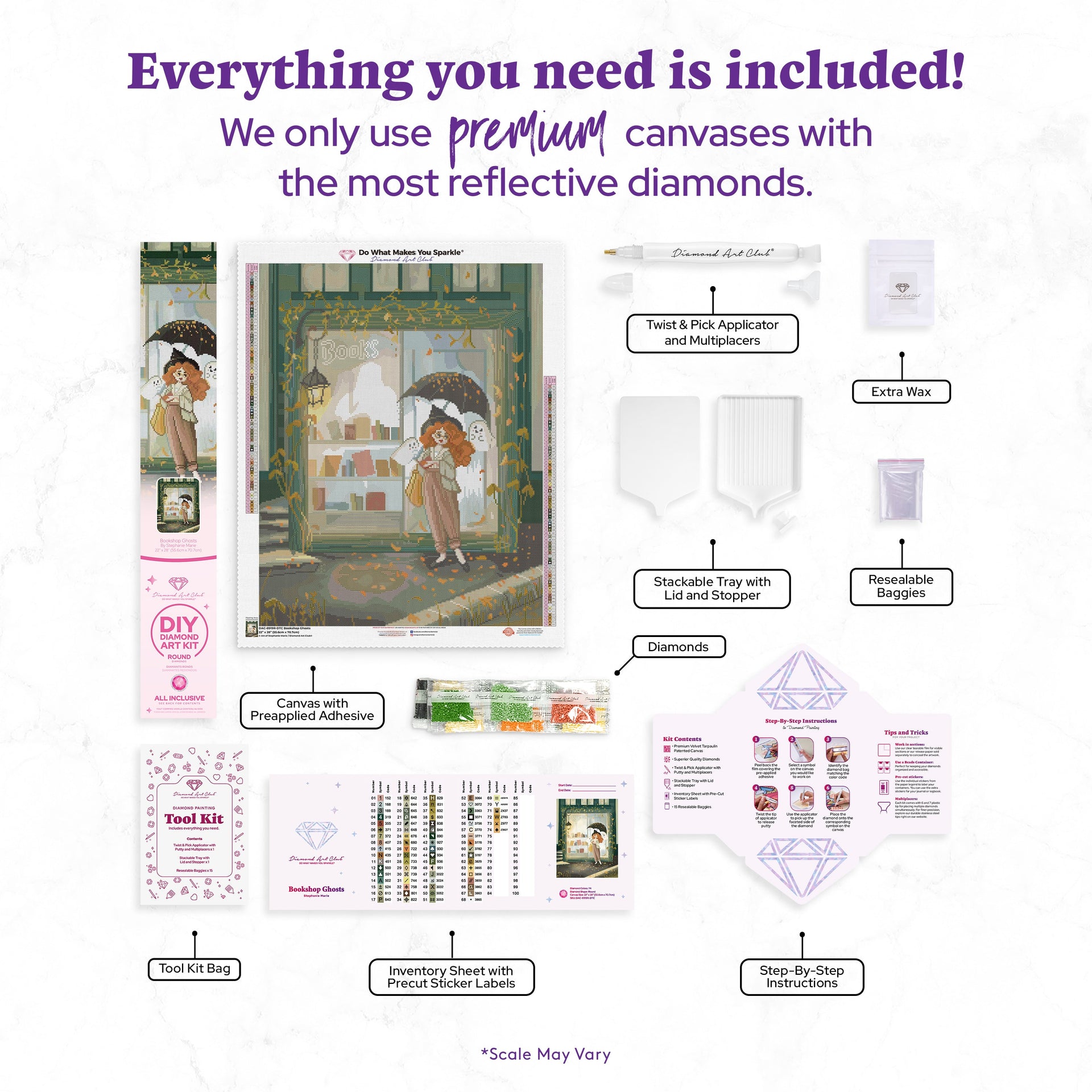 Diamond Painting Bookshop Ghosts 22" x 28" (55.6cm x 70.7cm) / Round with 74 Colors including 2 ABs and 4 Fairy Dust Diamonds / 51,914