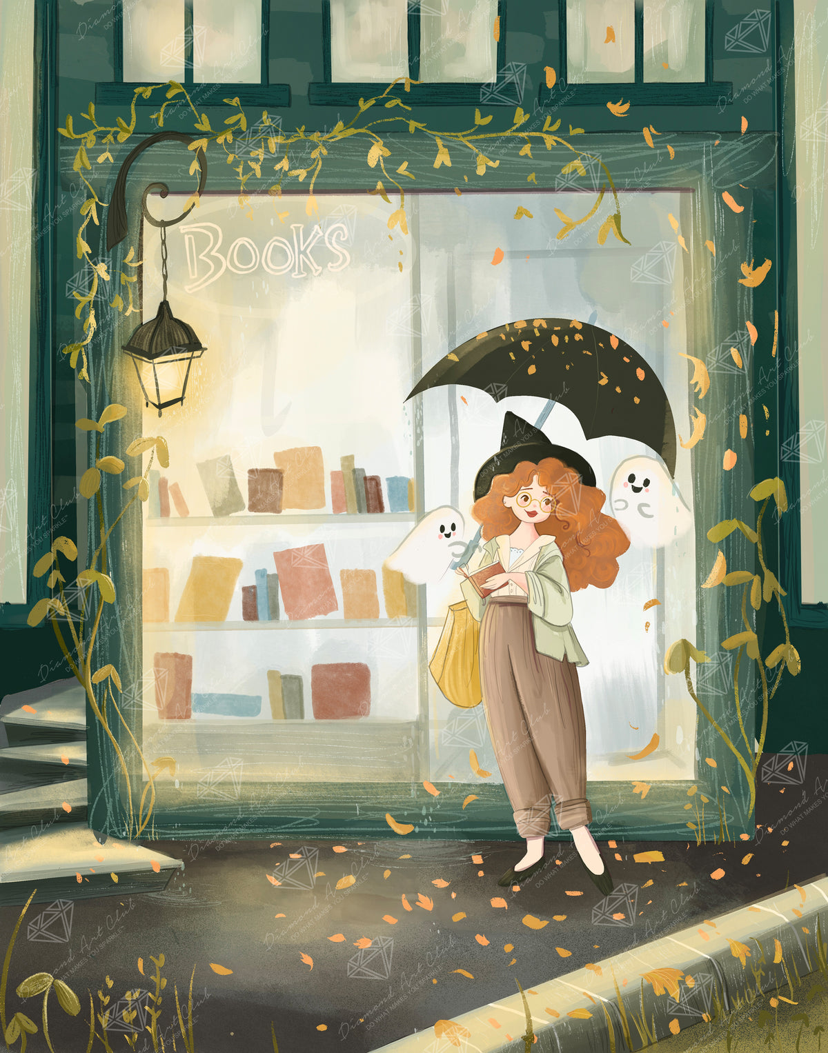 Diamond Painting Bookshop Ghosts 22" x 28" (55.6cm x 70.7cm) / Round with 74 Colors including 2 ABs and 4 Fairy Dust Diamonds / 51,914