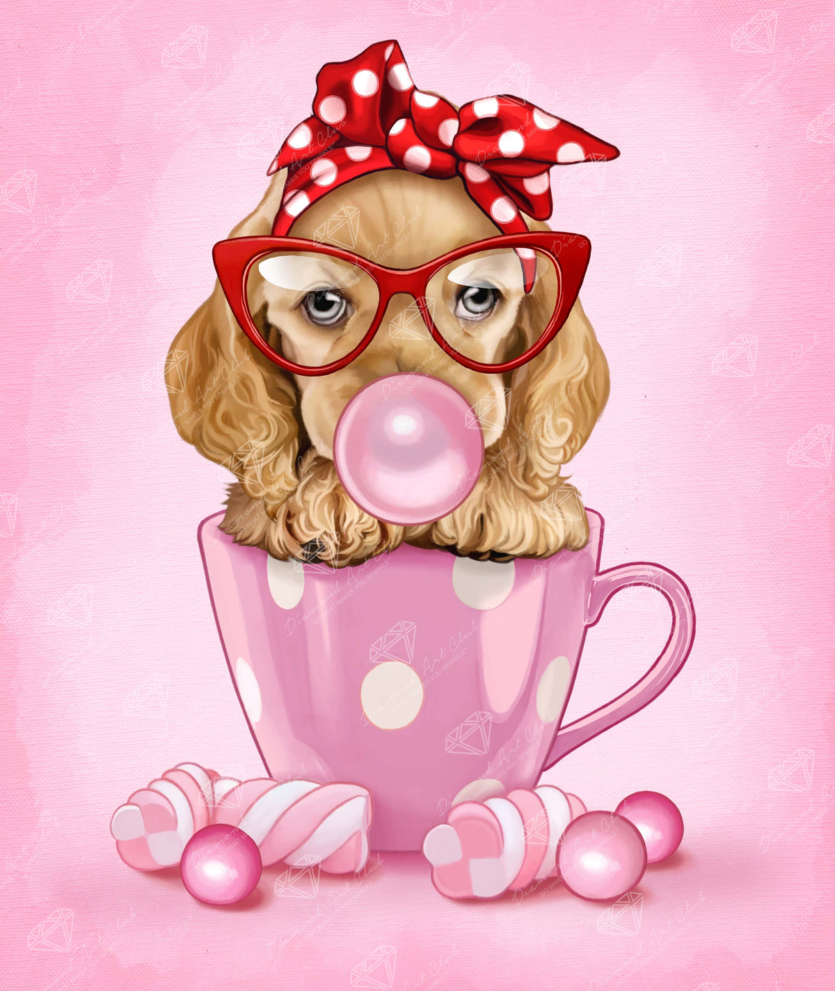 Diamond Painting Bubblegum Spaniel 16" x 19″ (41cm x 48cm) / Round with 27 Colors including 1 AB / 9,562