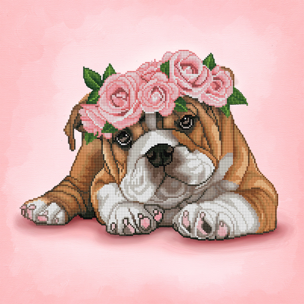 Diamond Painting Bulldog & Roses 20" x 20" (51cm x 51cm) / Square with 30 Colors including 4 ABs / 13,911