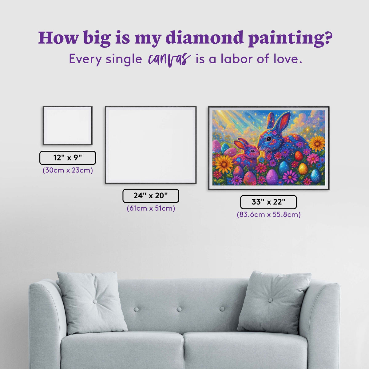 Diamond Painting Bunny Kisses 33" x 22" (83.6cm x 55.8cm) / Square with 65 Colors including 3 ABs and 1 Iridescent Diamond and 3 Fairy Dust Diamonds / 75,264