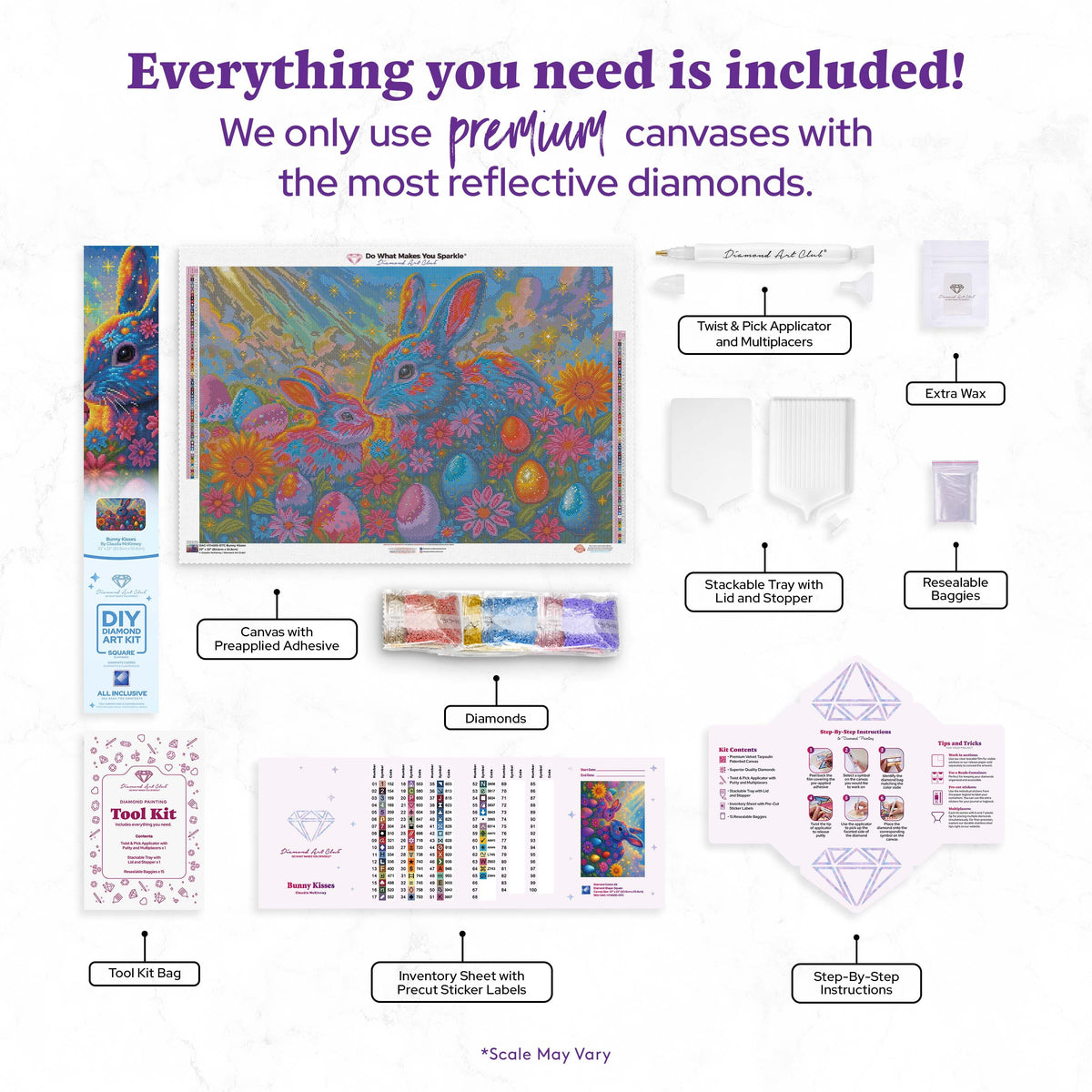 Diamond Painting Bunny Kisses 33" x 22" (83.6cm x 55.8cm) / Square with 65 Colors including 3 ABs and 1 Iridescent Diamond and 3 Fairy Dust Diamonds / 75,264