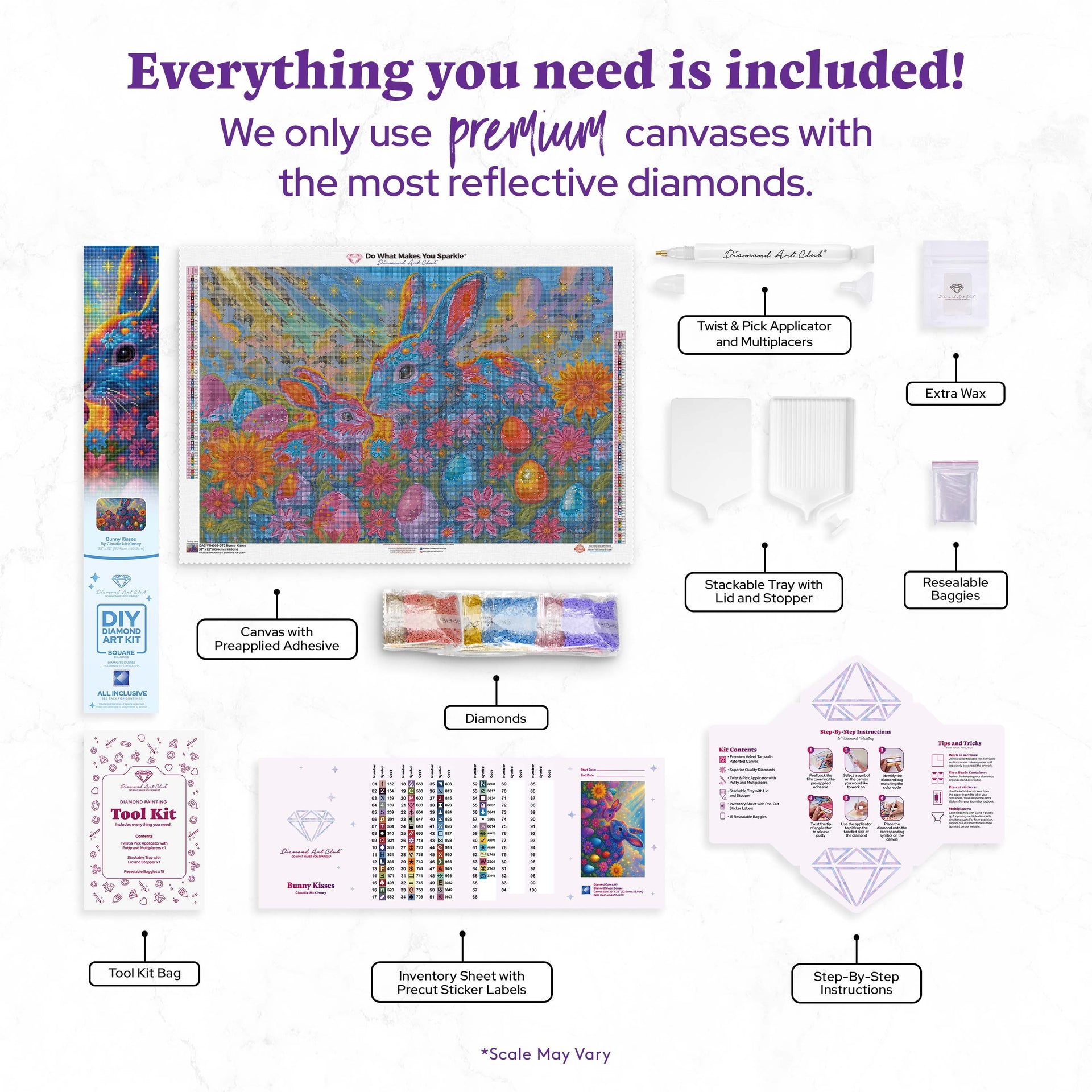 Diamond Painting Bunny Kisses 33" x 22" (83.6cm x 55.8cm) / Square with 65 Colors including 3 ABs and 1 Iridescent Diamond and 3 Fairy Dust Diamonds / 75,264