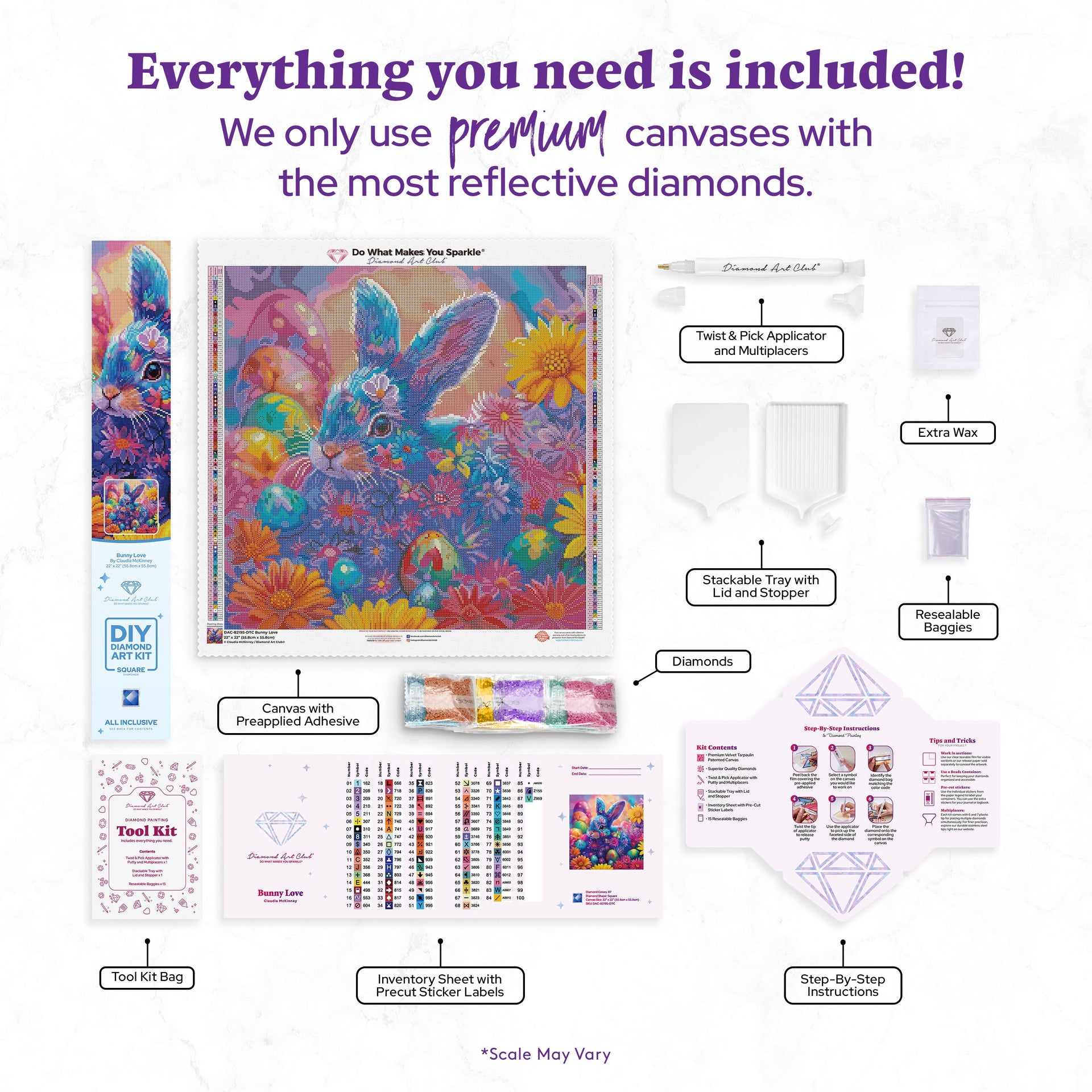 Diamond Painting Bunny Love 22" x 22" (55.8cm x 55.8cm) / Square with 87 Colors including 4 ABs and 2 Fairy Dust Diamonds / 50,176