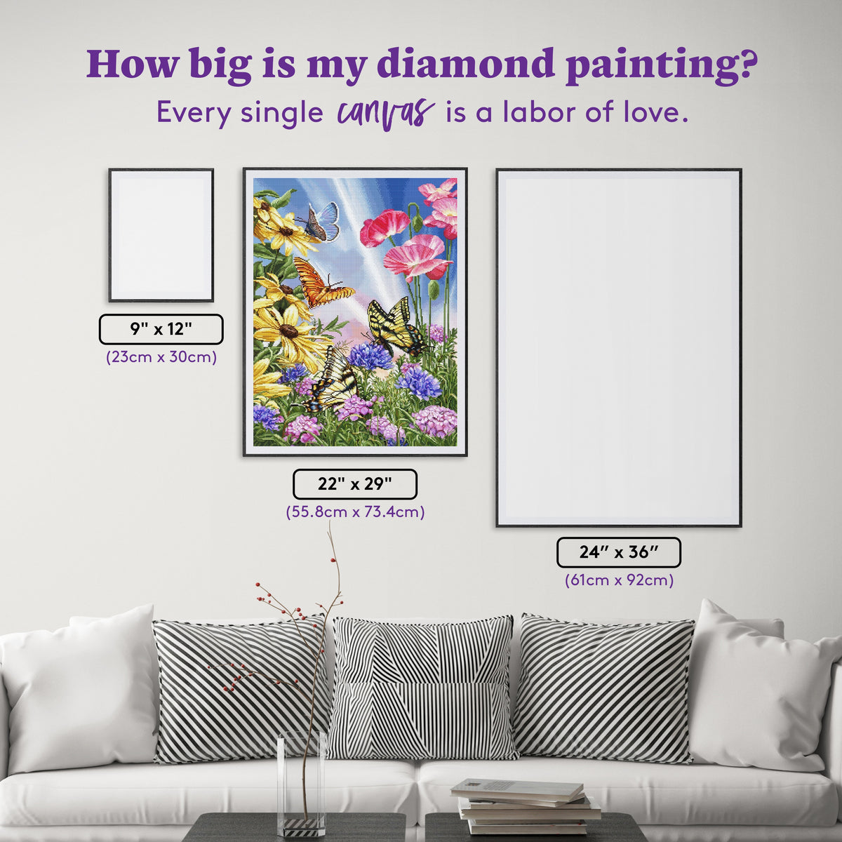 Diamond Painting Butterfly Garden 22" x 29" (55.8cm x 73.4cm) / Square with 80 Colors including 3 ABs and 4 Fairy Dust Diamonds / 66,080