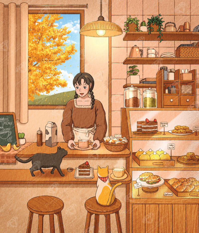 Diamond Painting Café in the Autumn 25.6" x 29.9" (65cm x 75.9cm) / Square With 48 Colors Including 3 ABs and 3 Fairy Dust Diamonds / 79,605