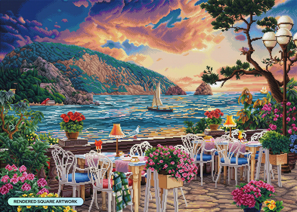 Diamond Painting Cafe with a View 38.6" x 27.6" (97.8cm x 69.9cm) / Square with 94 Colors including 3 ABs and 4 Fairy Dust Diamonds / 110,433