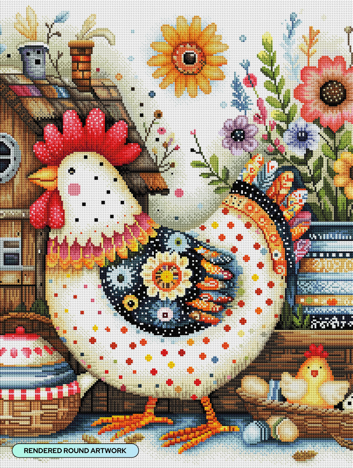 Diamond Painting Calico Chicken 22" x 29" (55.6cm x 73.7cm) / Round with 71 Colors including 3 ABs and 3 Fairy Dust Diamonds / 54,136