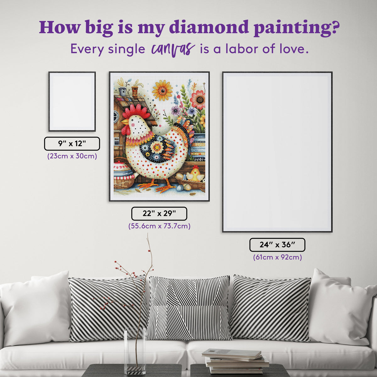 Diamond Painting Calico Chicken 22" x 29" (55.6cm x 73.7cm) / Round with 71 Colors including 3 ABs and 3 Fairy Dust Diamonds / 54,136