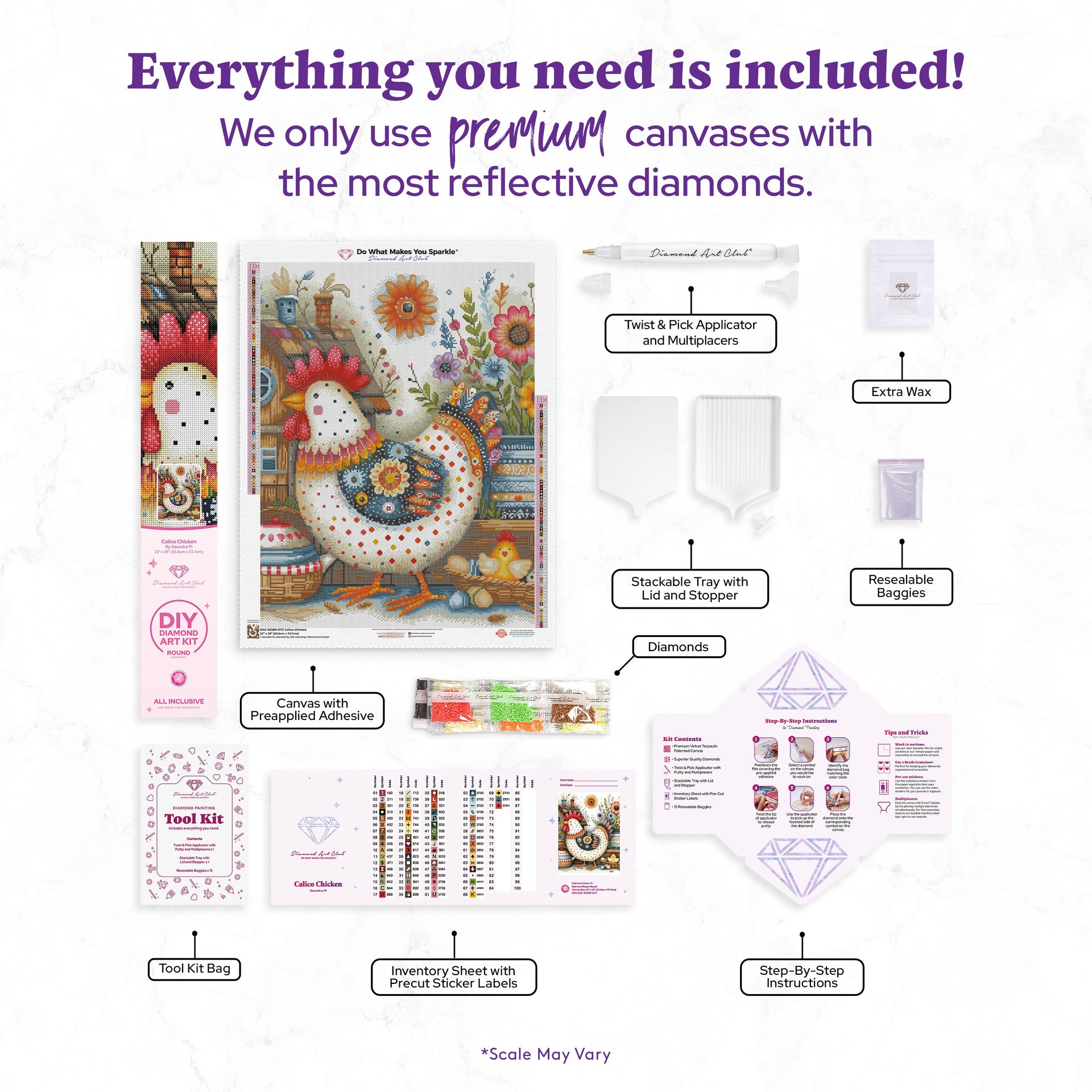 Diamond Painting Calico Chicken 22" x 29" (55.6cm x 73.7cm) / Round with 71 Colors including 3 ABs and 3 Fairy Dust Diamonds / 54,136