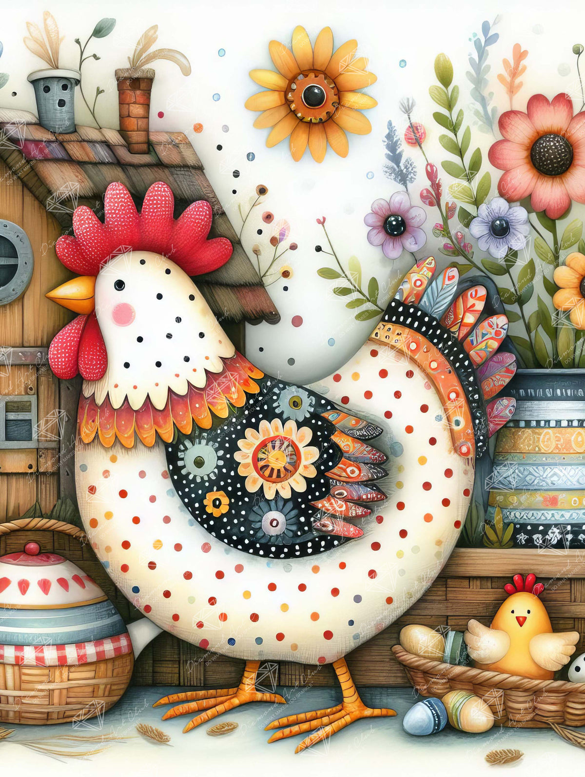 Diamond Painting Calico Chicken 22" x 29" (55.6cm x 73.7cm) / Round with 71 Colors including 3 ABs and 3 Fairy Dust Diamonds / 54,136