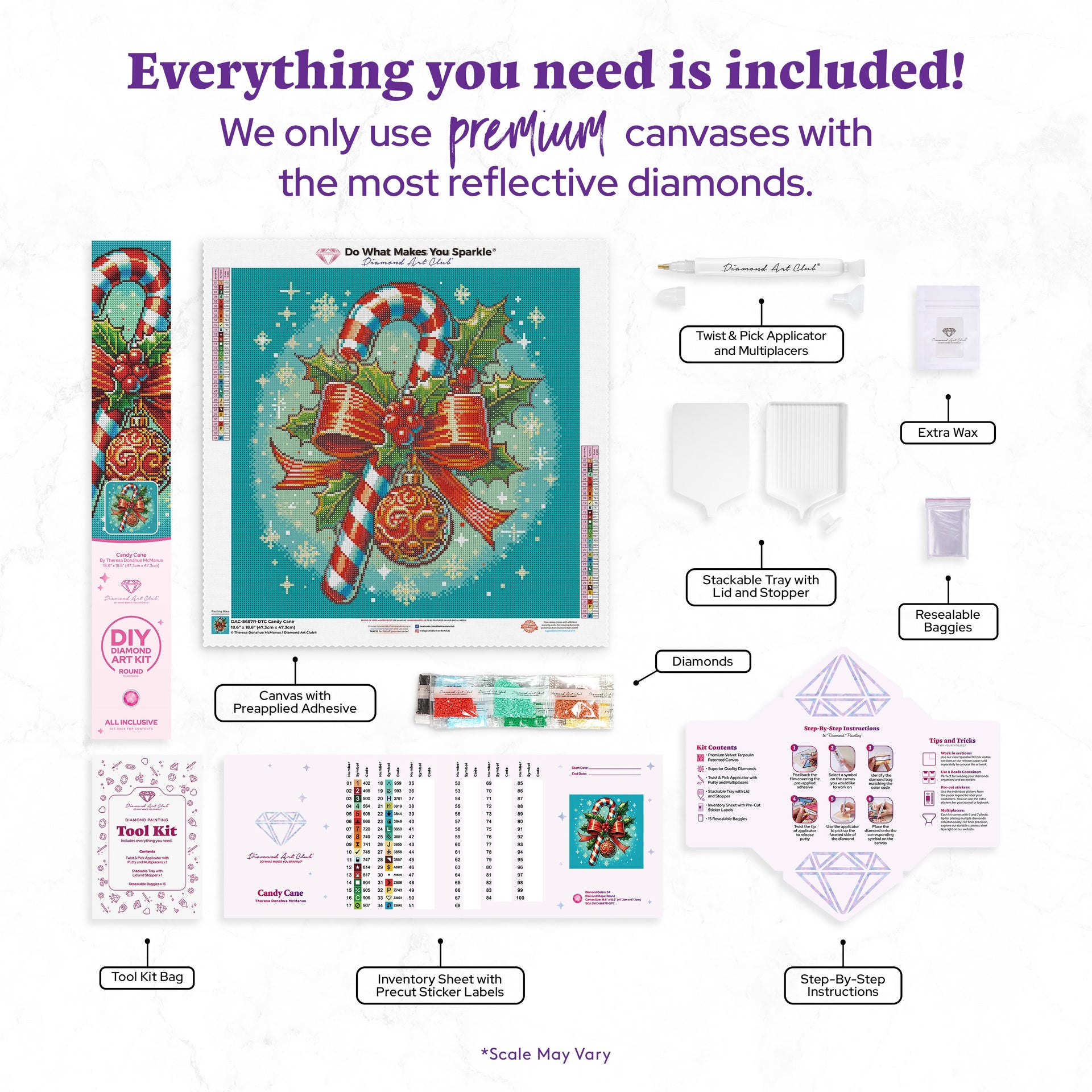 Diamond Painting Candy Cane 18.6" x 18.6" (47.3cm x 47.3cm) / Round with 34 Colors including 2 ABs and 4 Fairy Dust Diamonds / 29,584