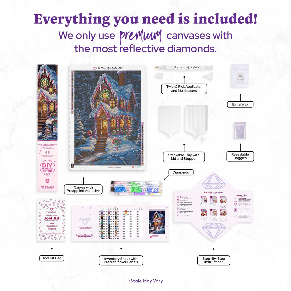 Diamond Painting Candy Coated Cottage - The Sweet Winter Retreat 22" x 31" (55.6cm x 78.7cm) / Round with 54 Colors including 2 ABs and 4 Fairy Dust Diamonds / 57,772