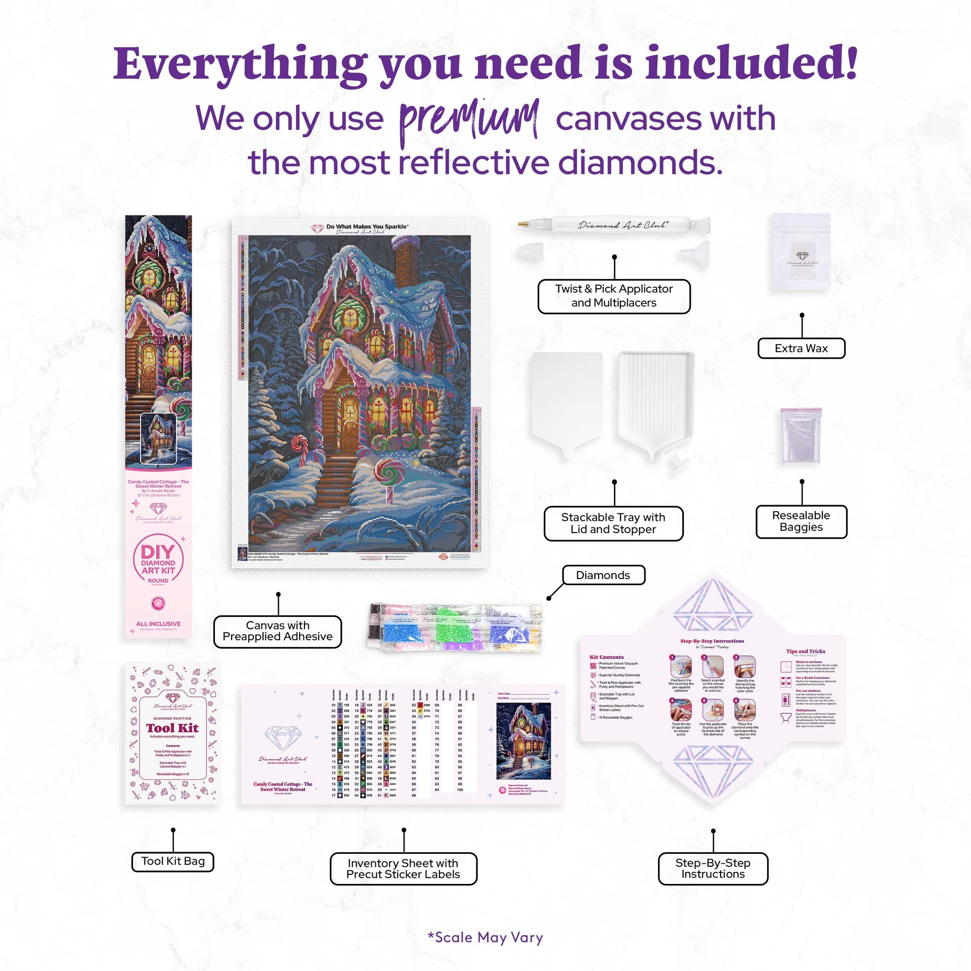 Diamond Painting Candy Coated Cottage - The Sweet Winter Retreat 22" x 31" (55.6cm x 78.7cm) / Round with 54 Colors including 2 ABs and 4 Fairy Dust Diamonds / 57,772