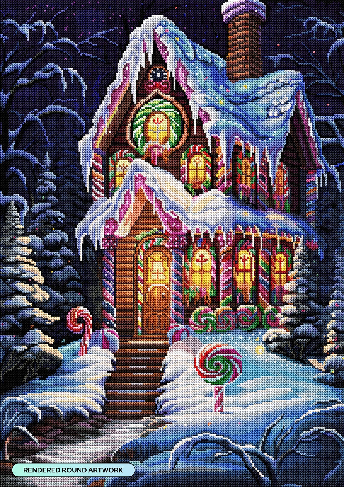 Diamond Painting Candy Coated Cottage - The Sweet Winter Retreat 22" x 31" (55.6cm x 78.7cm) / Round with 54 Colors including 2 ABs and 4 Fairy Dust Diamonds / 57,772