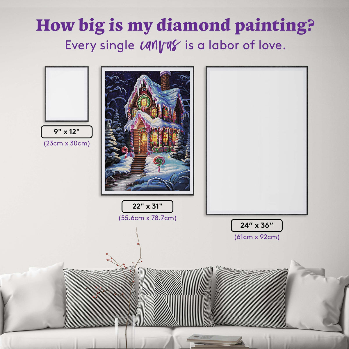 Diamond Painting Candy Coated Cottage - The Sweet Winter Retreat 22" x 31" (55.6cm x 78.7cm) / Round with 54 Colors including 2 ABs and 4 Fairy Dust Diamonds / 57,772