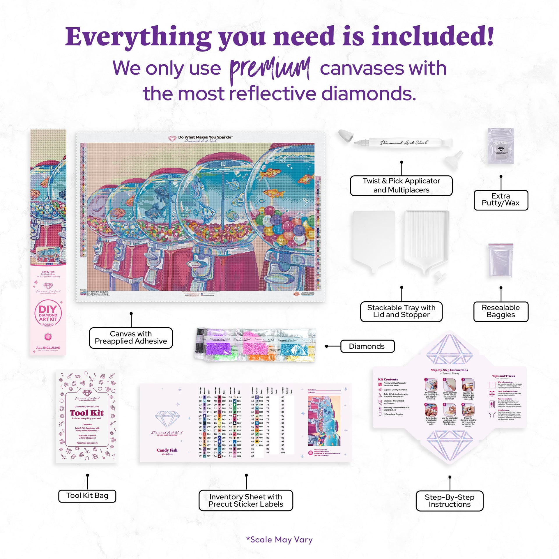 Diamond Painting Candy Fish 34" x 22" (85.9cm x 55.6cm) / Round with 65 Colors including 4 ABs and 2 Fairy Dust Diamonds / 63,024