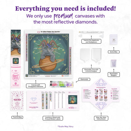 Diamond Painting Capricorn Zodiac Kitten 17" x 17" (42.9cm x 42.9cm) / Round with 43 Colors including 1 Frosted Diamond and 4 Fairy Dust Diamonds / 24,336